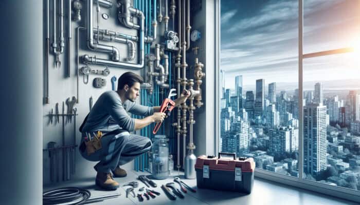 A plumber replacing a water valve in a North Vancouver home, tools and city skyline visible.
