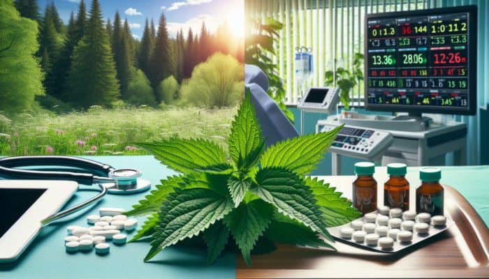 Nettle leaves and antihistamine pills compared, showing natural versus clinical allergy relief.