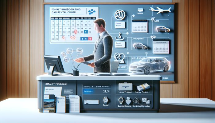 Person negotiating at car rental counter with travel materials and loyalty cards on desk.