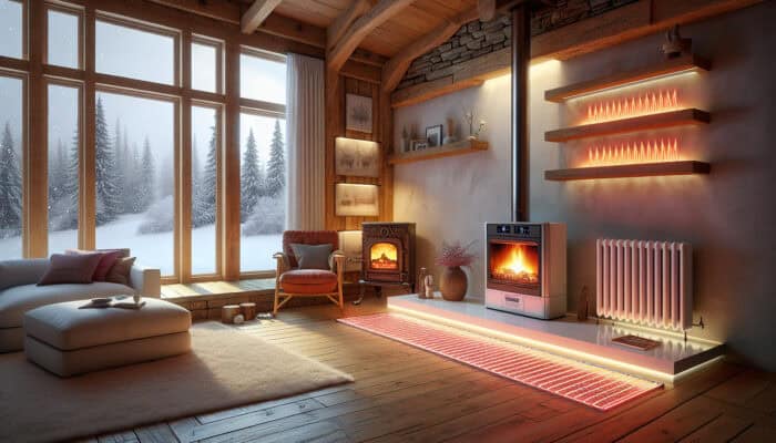 A cozy Canadian living room showcasing various heating systems including an electric fireplace, wood stove, and radiant floor panel, with snow falling outside.