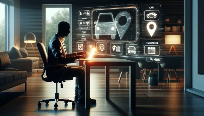 Individual searching for car rentals online using a laptop in a modern home office.