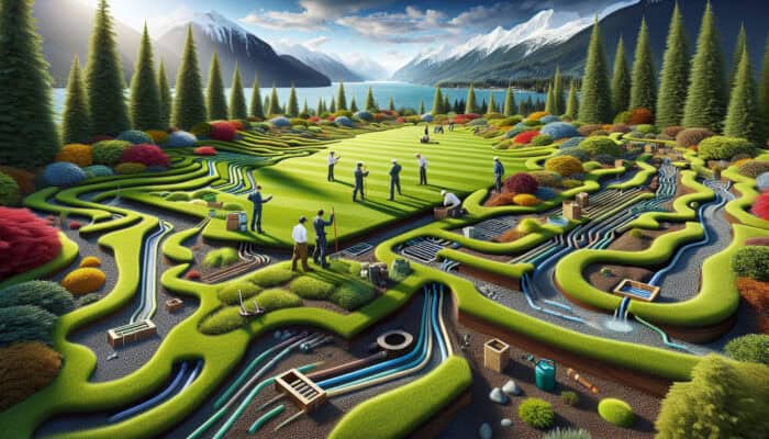 A lush Squamish lawn with French drains, dry wells, and surface drainage, professionals consulting on setup.