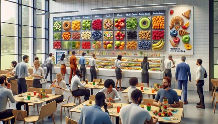 A bustling UK office cafeteria offering a variety of food options including fresh salads, fruits, and baked goods, alongside wellness information posters.