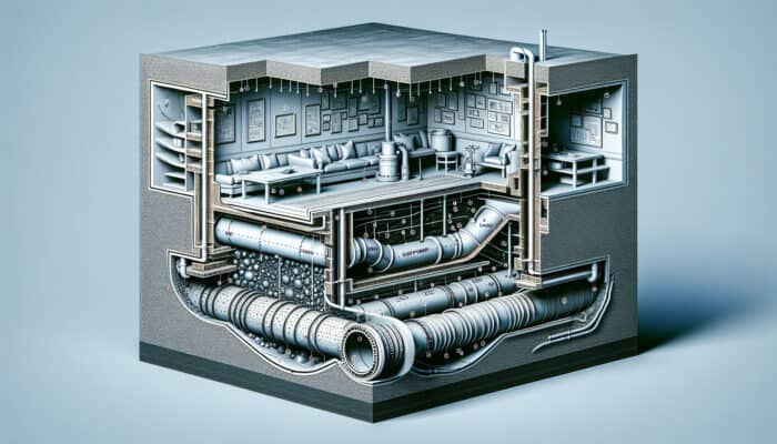 A cross-section of a basement with an interior French drain system and sump pump managing water.