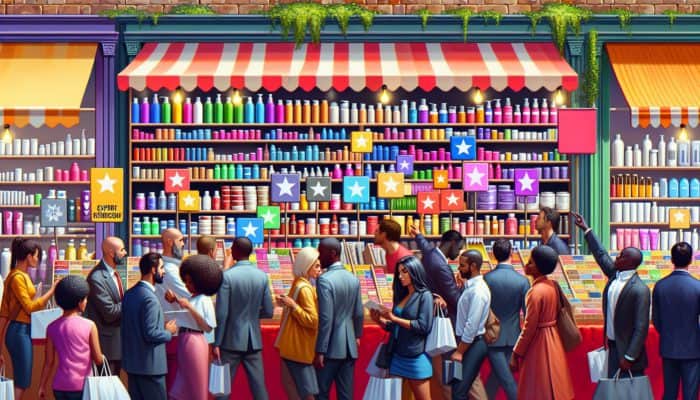 A vibrant Australian marketplace stall with affordable hair products, expert recommendations, and diverse customers browsing.
