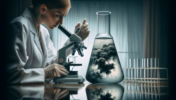 A scientist examines murky water under a microscope, with dark clouds reflected, symbolizing contamination dangers.