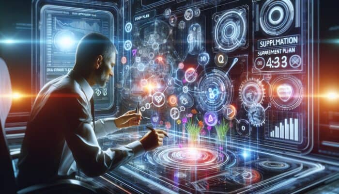 A digital marketing expert crafting a supplement SEO plan on a futuristic screen with vibrant graphs and keywords.