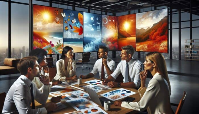 A marketing team in a modern office adjusting strategies, shifting from summer to fall clothing campaigns with seasonal data on screens.