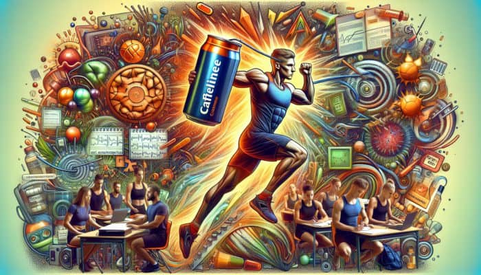 Athletes and students energized by caffeine supplements, showing enhanced focus and physical performance in a dynamic environment.