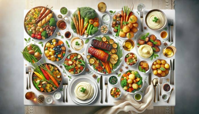 A festive table displaying dishes with contrasting flavours and textures: sweet vegetables, savoury meats, creamy potatoes, crispy carrots, warm and cool options.