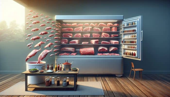 High-quality meat cuts marinating in rubs and sauces, labeled and stored in a cooler for competition.