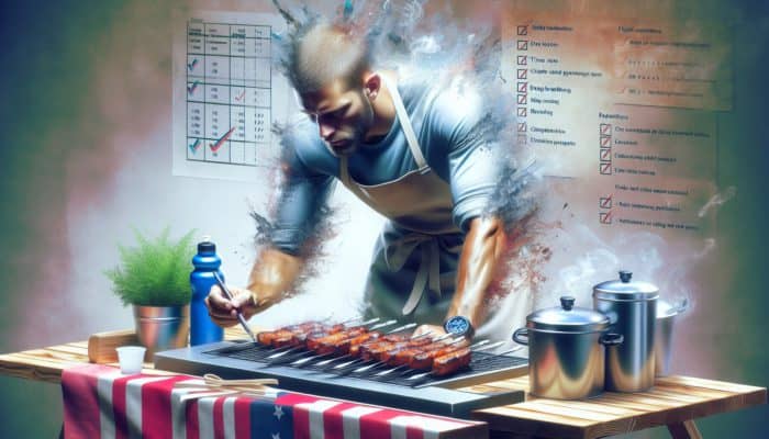 A BBQ competitor using timers, checklists, and sticky notes in a designated area, practicing deep breathing and staying hydrated.