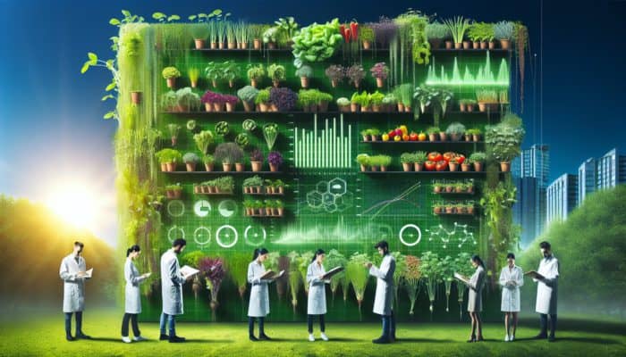 Lush vertical garden with vegetables and herbs, experts optimizing growth and yield.