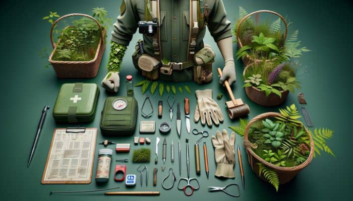 A forager using a knife, basket, field guide, gloves, compass, and first aid kit in a forest.