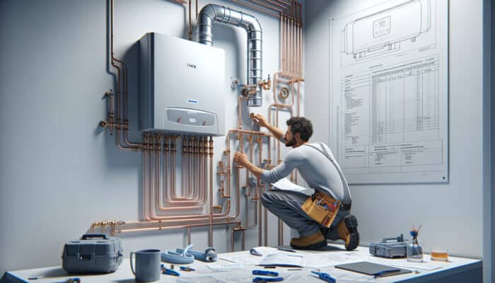 Modern tankless water heater installation in Delta, showing venting, gas lines, electrical connections, and professional installer.