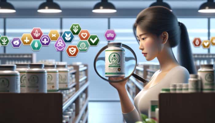 Person using magnifying glass to check third-party certification on supplement bottle in health store.