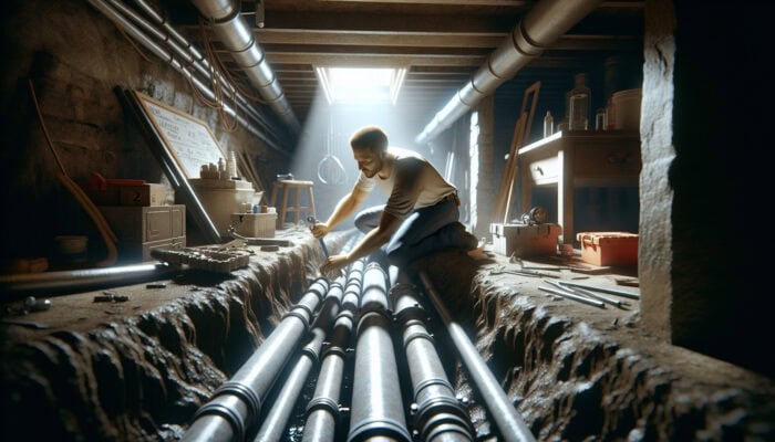 A plumber installing a drainage system in a dimly lit Abbotsford crawl space.