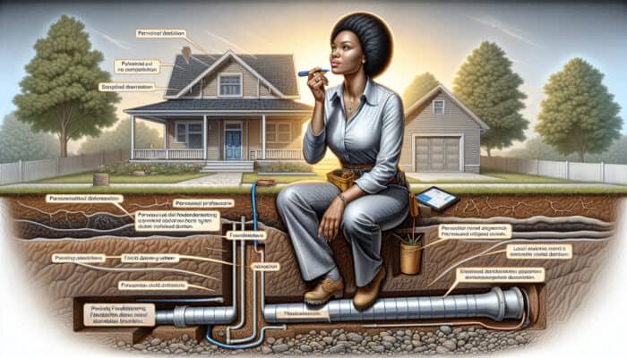 A professional installing a customized foundation drainage system on a suburban home, enhancing property value.