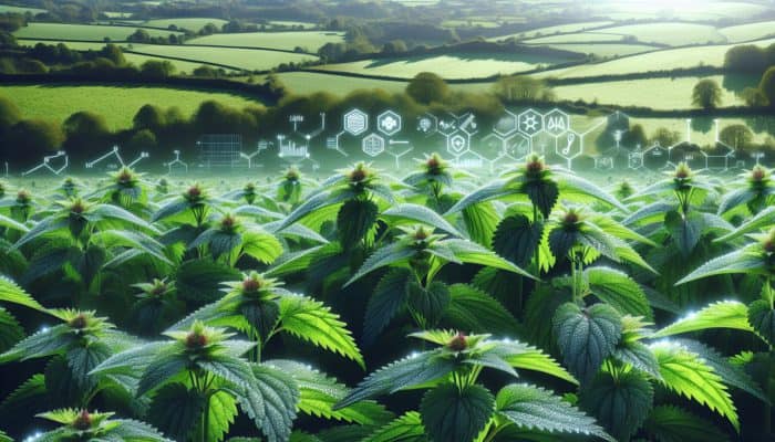 A vibrant field of dewy nettle plants in the UK, symbolising hair shine and health.
