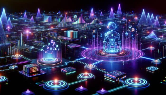A futuristic digital landscape showcasing AI bots optimising web pages with data streams and glowing charts.