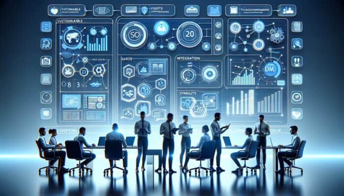 A modern interface displaying SEO analytics, customizable dashboards, and integration with digital marketing tools, supported by experts.