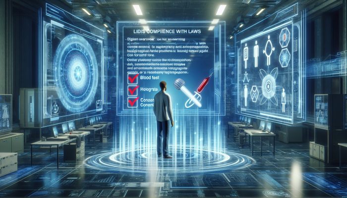 A futuristic lab overseer monitoring holographic blood test consent forms against a high-tech cityscape.