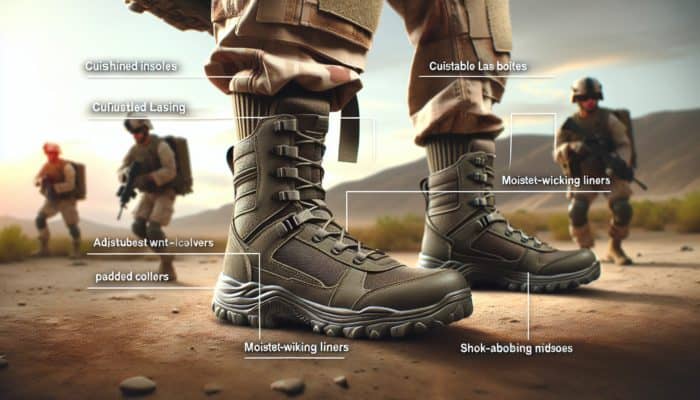 Tactical boots with comfort features worn by a soldier in a rugged environment.