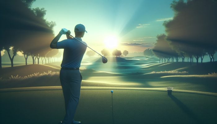 A focused golfer visualising a perfect swing at dawn on a serene golf course, embodying mindfulness and confidence.