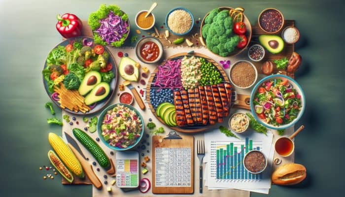 A vibrant BBQ feast with superfoods like avocado coleslaw, quinoa salad, and grilled kale, catering to vegan and gluten-free diets.
