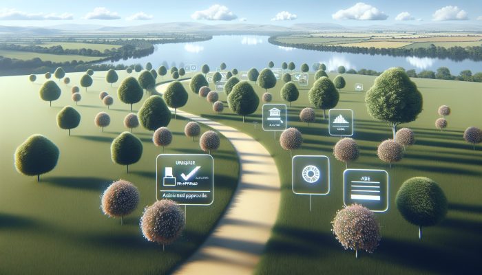 A serene UK countryside with spaced trees, a soft path, and a clear sky symbolizing credit management.