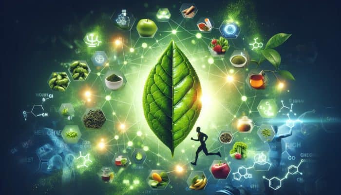 A green tea leaf with glowing catechins and caffeine molecules, enhancing metabolism, against an active lifestyle backdrop.