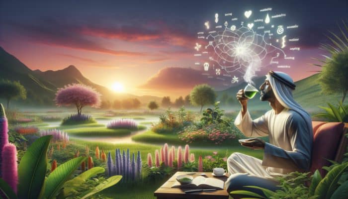 A person sipping green tea at sunrise in a peaceful garden, symbolising metabolic boost and calm alertness.