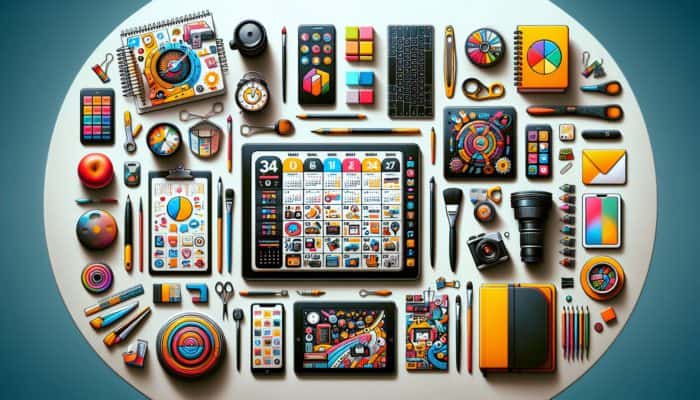 A vibrant desk with a seasonal content calendar, creative tools, and digital devices, showcasing proactive planning.