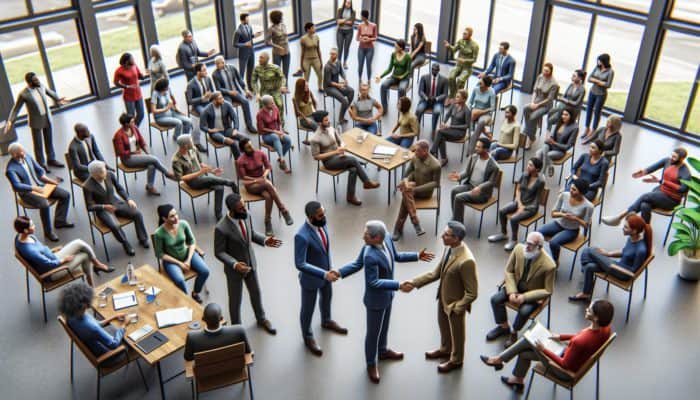 Diverse community engaging in disaster communication workshop, collaborating with organizational representatives to tailor strategies.