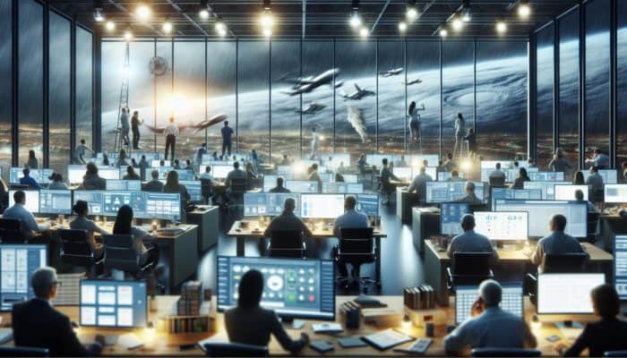 Emergency operations center during Hurricane Harvey, teams using various media for urgent public communication.