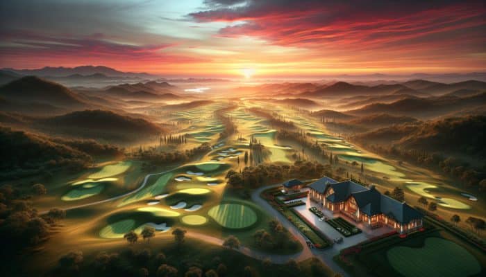 Aerial view of Cotswold Downs Country Club at sunset, showcasing golf courses, the clubhouse, and rolling hills.