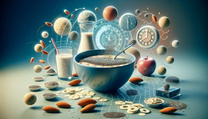 A vibrant breakfast bowl of chia seeds, oatmeal, and almond milk with clocks, symbolising strategic protein intake timing.