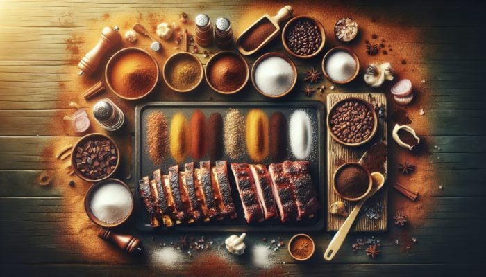 Ribs coated in a unique rub of salt, sugar, smoked paprika, coffee, and cocoa, grilled outdoors.