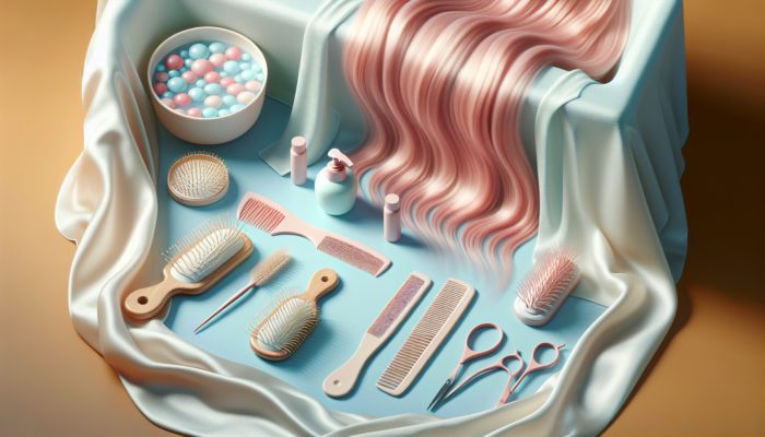 A variety of gentle hair detangling tools in a serene bathroom setting with pastel colors.