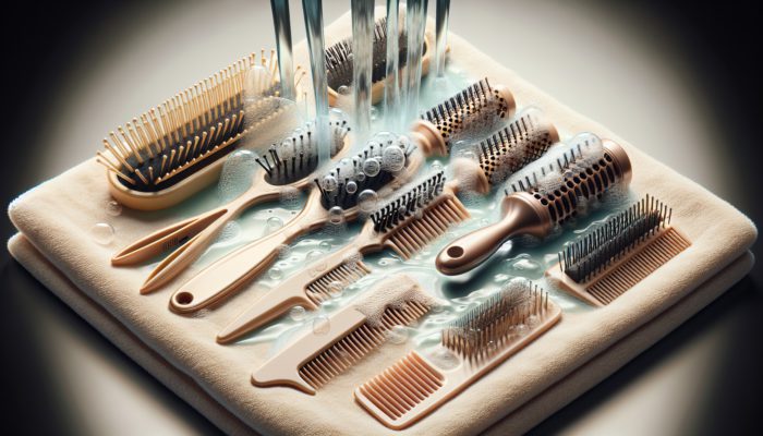 Detangling combs and brushes being cleaned with soap and water, drying on a towel.