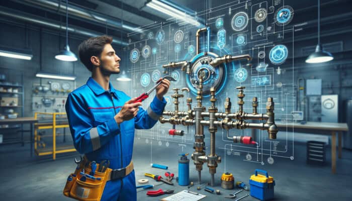 A plumber in blue uniform inspecting a backflow prevention device in an industrial setting.