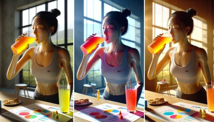 Person sipping colorful hydration drink and eating snack during workout in warm, sunny environment.