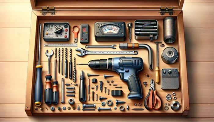 A smoker temperature gauge installation setup with tools on a wooden workbench.