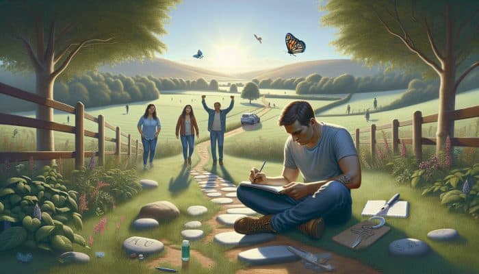 A person in the UK using a journal to manage OCD, supported by friends in a calming natural setting.