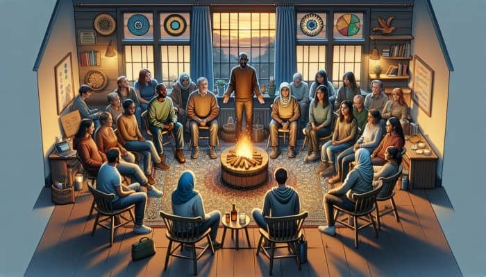 A diverse group in a cozy UK forum, sharing mental health stories, feeling connected and supported.