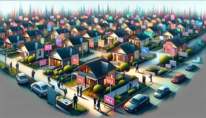 Aerial view of modern entry-level homes in Centurion with "For Sale" signs, lush greenery, and a real estate agent negotiating deals.