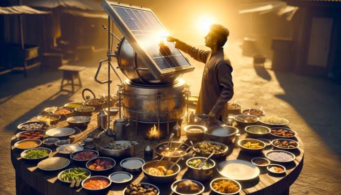 A person using a solar cooker on a sunny day with dark-colored pots, surrounded by various cuisines.