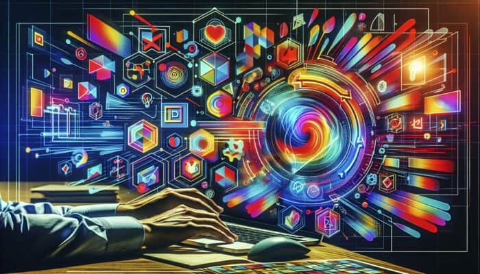 Person customising ad template on Canva using laptop, surrounded by colorful design tools.