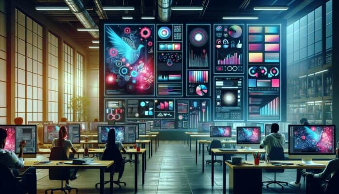 A graphic design workspace with ad templates on screens, showing modern and classic styles, tools around.