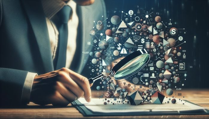 Person analyzing financial document with magnifying glass, focusing on interest rates, repayment periods, and fees.